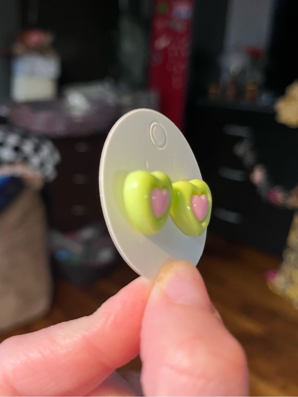 Hand Crafted Green and Pink Heart Stud Earrings - Picture 3 of 5